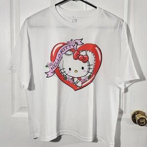 White Hello Kitty Tattoo Style Heart Cropped Shirt